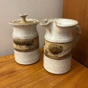 Handmade Pottery Sugar and Creamer Set Signed Emily Shoey 1983